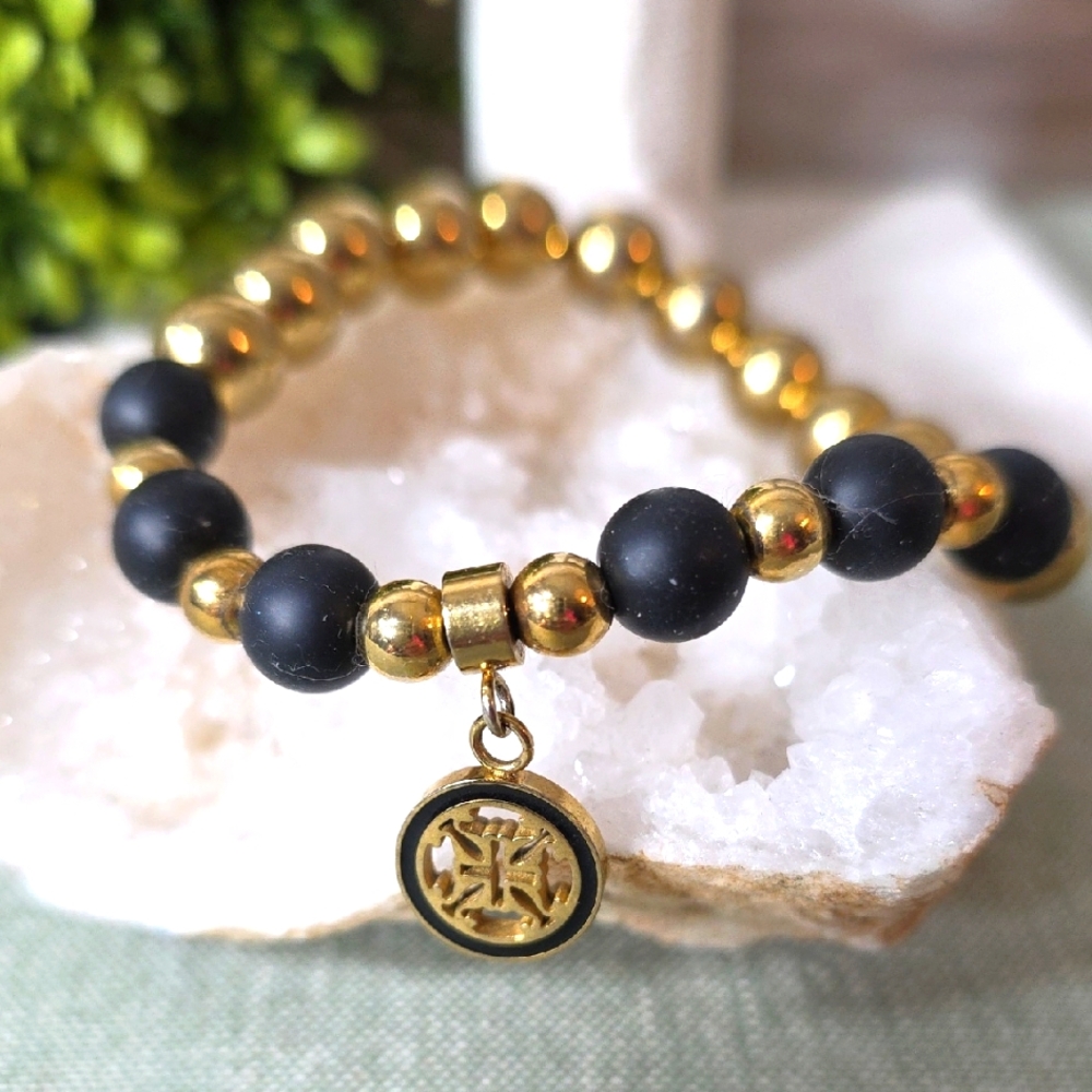 Rustic Cuff Black and Gold Beaded Stretch Bracelet